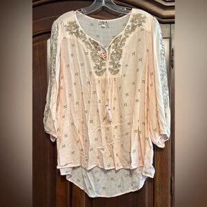 One World Apparel EMBROIDERED sheer peasant top SIZE XL